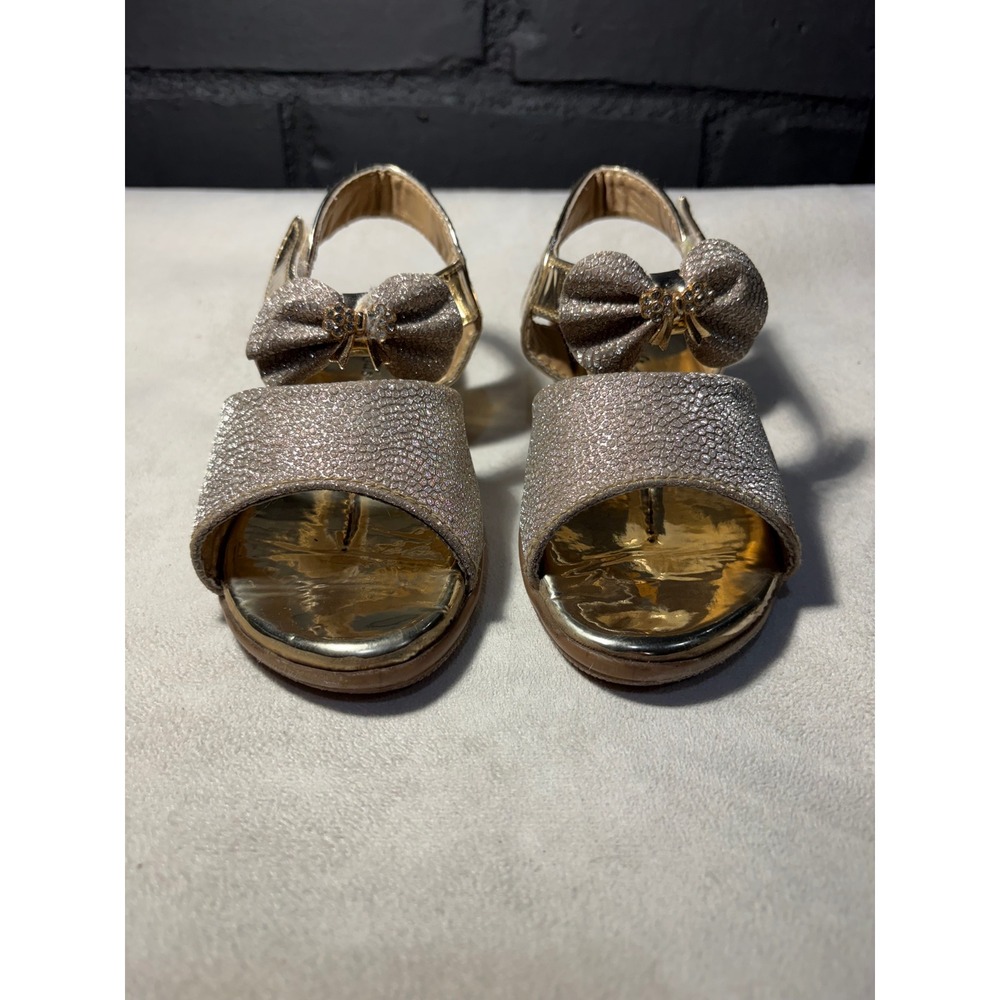 Unbranded Glitter Bow Sandals Kids 8 Gold Sparkly Dress Shoes Hook and Loop